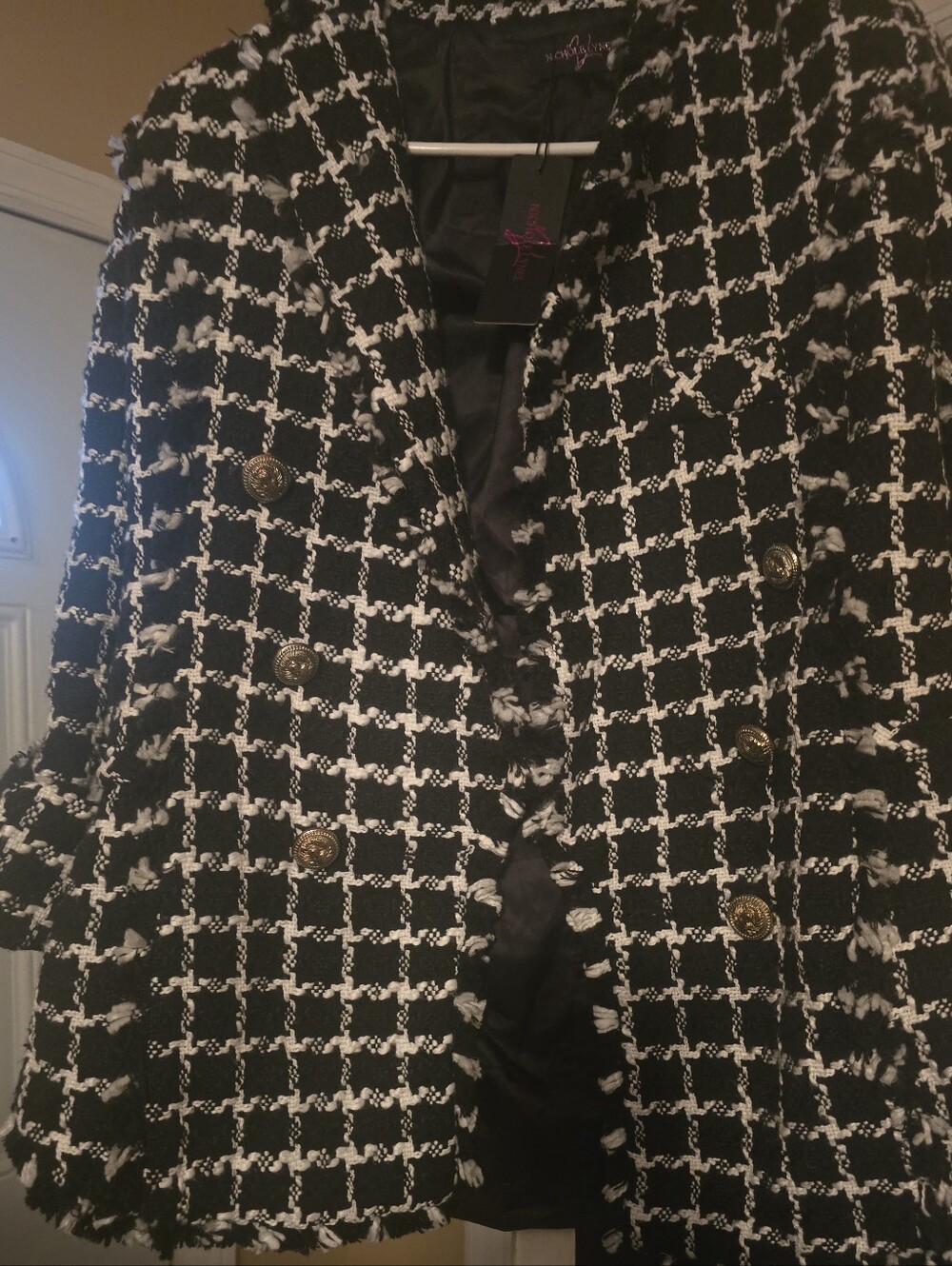 Navy & White Tweed Double-Breasted Blazer Jacket